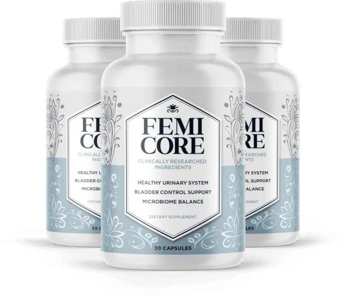 Three bottles of FemiCore supplement, the 90-day package many reviewers describe