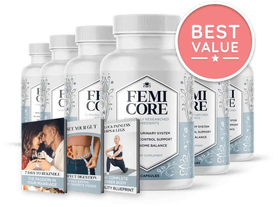 FemiCore six-bottle package with the three bonus eBooks promoted in the official presentation