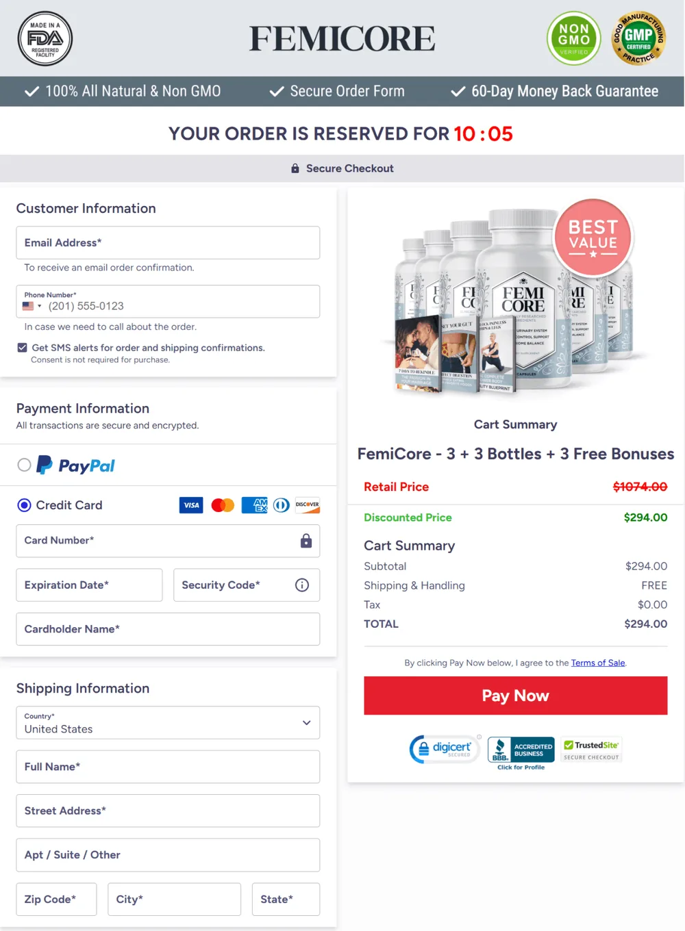 The official FemiCore secure checkout page, processed by the retailer that appears on your card statement