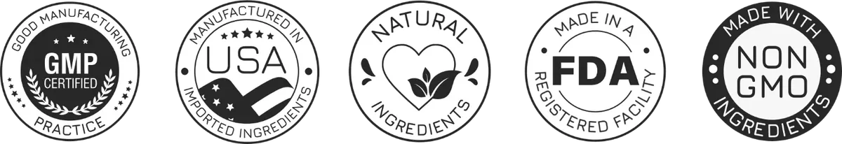 FemiCore label badges: GMP certified, manufactured in USA, natural ingredients, made in an FDA registered facility, non-GMO